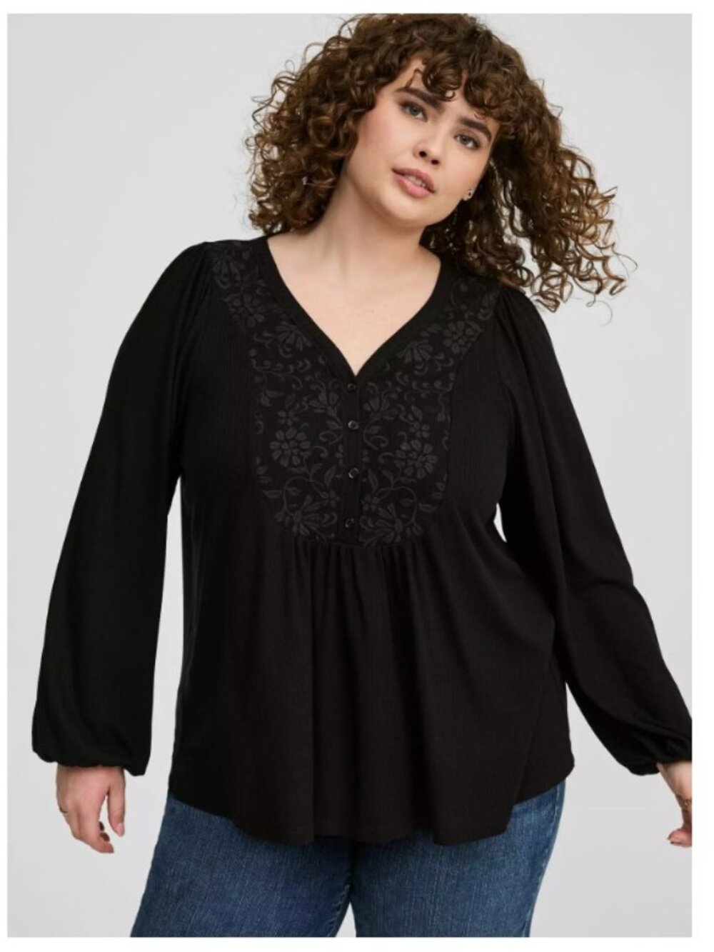 TORRID Textured Jersey V Neck Embroidered Long Sleeve Top in Deep Black